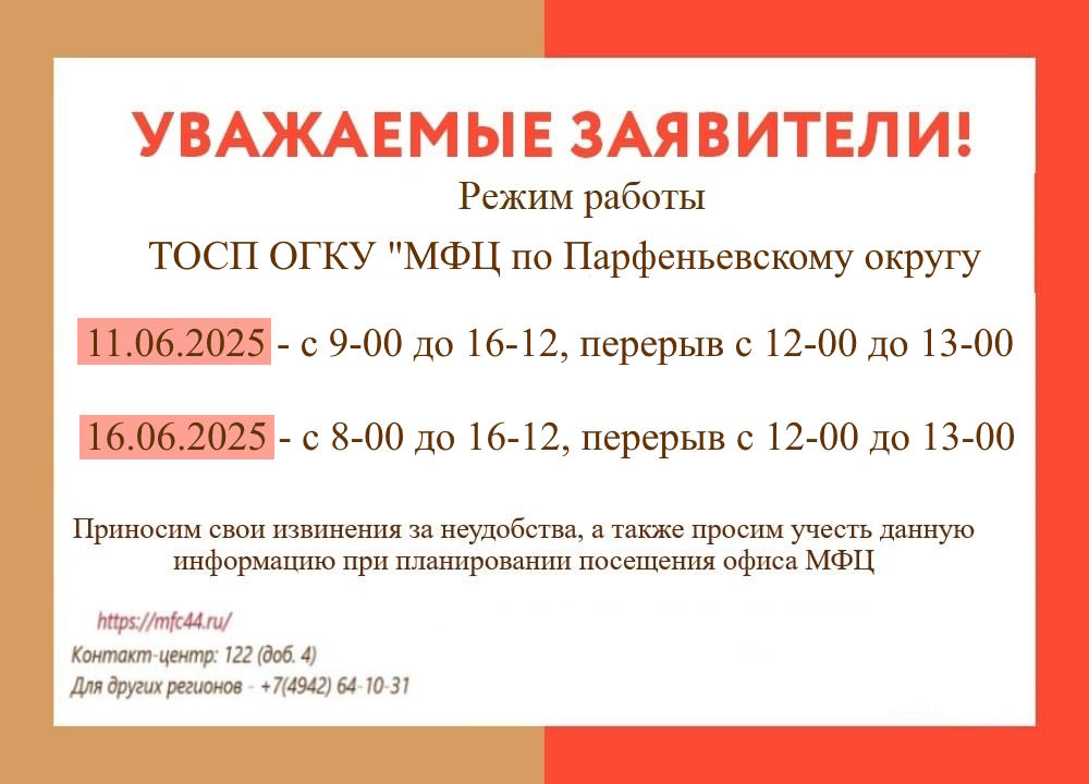 Временное изменении режима работы ТОСП МФЦ по Парфеньевскому округу